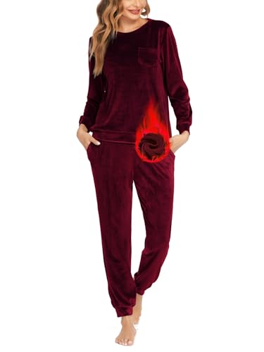Ekouaer Damen Schlafanzug Lang Rundhals Velour Winter Pyjama Set Warm Hausanzug Weich Freizeitanzug mit Taschen Rot M