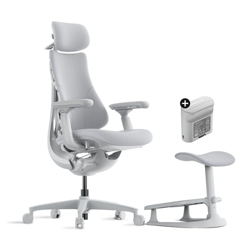Image of LiberNovo Dynamic Ergonomic Desk Chair with Footrest and Extra Rechargeable Power Pack, Comfy Home Office Chair with Adaptive Lumbar Support, 160 Recline, Built-in Spine Stretch, Gray, 48cm