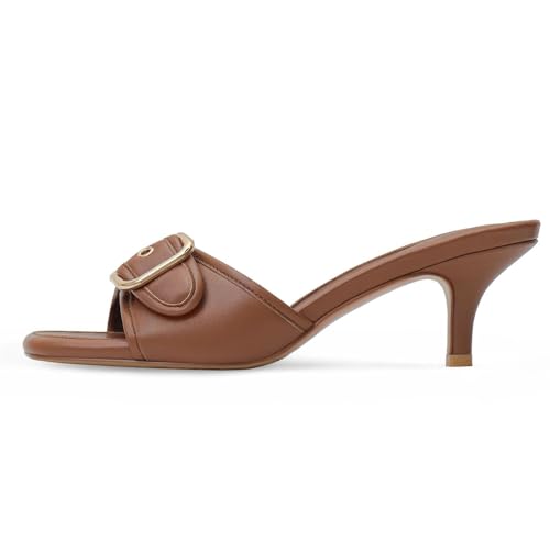 Image of Dsevht Black Kitten Heel Sandals Stiletto Low Heels Slip On Slides Mule Sandal Square Open Toe Dress Shoes for Women