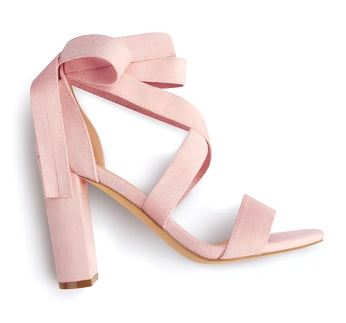 Image of Strappy Heels for Women Chunky Heels High Heeled Sandals with Lace Up Fahsion Casual Nude Block Heel Sandals