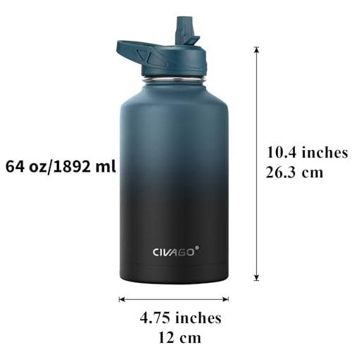 Image of CIVAGO 64 oz Insulated Water Bottle With Straw, Half Gallon Stainless Steel Sports Water Flask Jug with 3 Lids (Straw, Spout and Handle Lid), Large Metal Thermal Cup Mug, Midnight Black