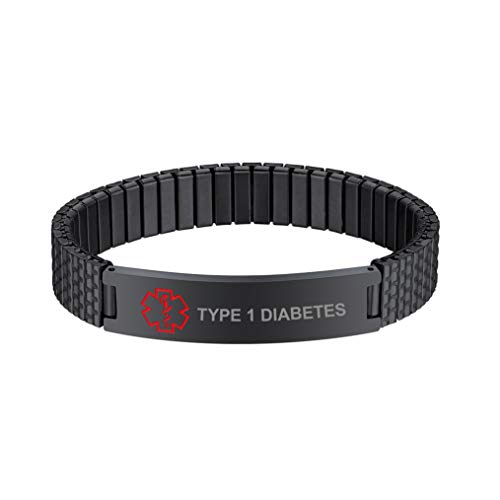 Bandmax Black Diabetes Id Bracelet Type 1 Emergency Medical Alert Bracelets Wristbands Elastic Adjustable Medical Id Bracelet Medical Alert Jewelry For Diabetic Patient #TOP27