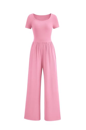 PRETTYGARDEN Women's Summer One Piece Jumpsuits Dressy Casual Short Sleeve Square Neck Wide Leg Rompers Travel Outfit Clothes (Light Pink,X-Large)