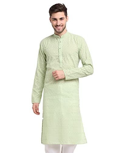 Image of Jompers Men Green Ethnic Embroidered Pure Cotton Kurtas.