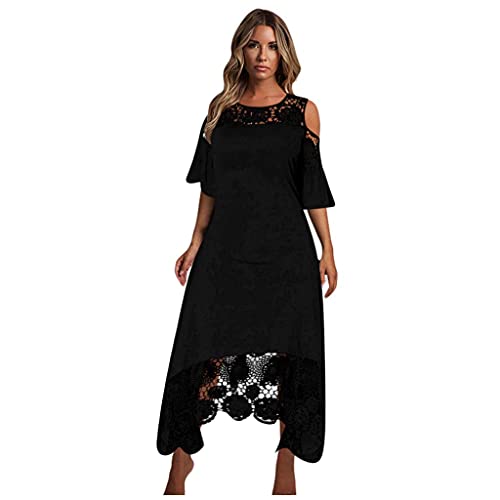 NHNX Damen Spitzen Maxi Kleider, Sexy Schulterfrei Sommer Kleid, Elegant Maxikleider Sommerkleid Partykleid, Frauen Plus Size Freizeitkleid Lang Abendkleider Große Größen, Rot | Weiß | Schwarz Cover