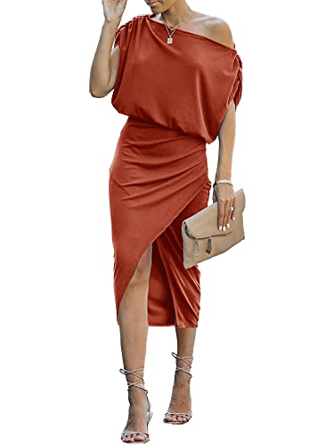 Leaduty Women's Off The Shoulder Sexy Formal Cocktail Dress Ruched Front Slit Bodycon Wrap Elegant Wedding Guest Midi Dress(Burnt Orange, Small) #TOP20