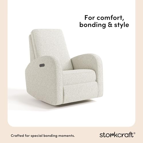 storkcraft santa monica power recliner swivel glider ivory boucle  effortless electronic power recline usb-a amp usb-c charger