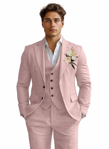 Linen Mens Suits 3 Piece Slim Fit Tuxedo Suit for Men Beach Wedding Formal Business Suit Groom Prom Set OutfitsHot Pink S