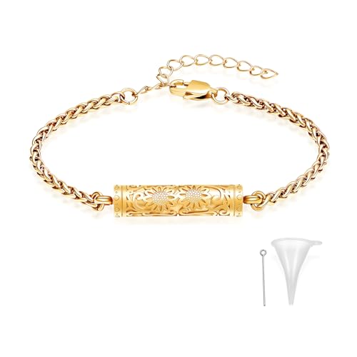constantlife Cremation Bracelet for Ashes for Women Stainless Steel Sunflower Cylinder Urn Adjustable Link Bangle Memorial Jewelry Loved Ones Ashes Holder Keepsake (Golden)