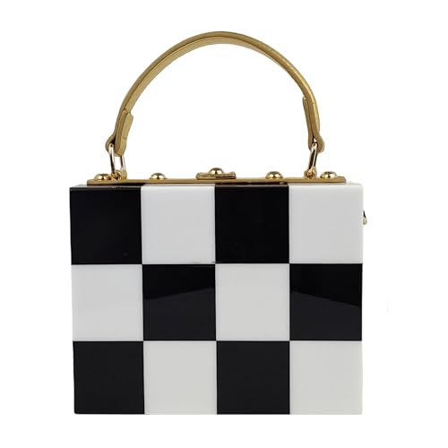 Image of Black White Checkerboard Acrylic Clutch Purse Bag Women Box Evening Bags Acrylic Chain Crossbody Handbag(Stitching)
