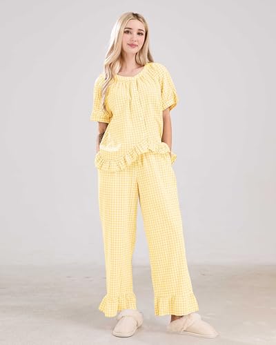 Image of codcm Womens Gingham Pajama Set 2 Piece Short Sleeve Babydoll Shirt and Pants Lounge Set Cute Sleepwear
