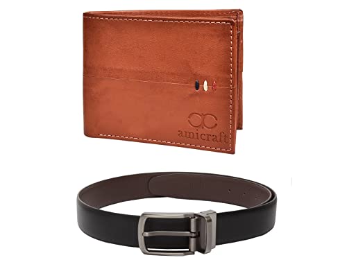 Image of Amicraft Faux Leather Men's Wallet & Belt Combo Set Black Brown Reversible Gift set
