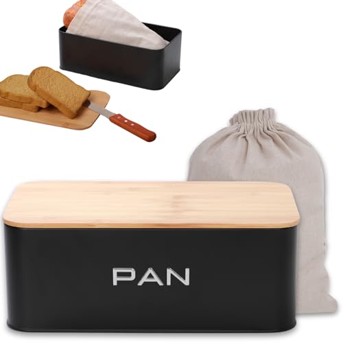 KOOK TIME Panera de Metal Tapa de Bambú Reversible y Bolsa de Algodón | Diseño Moderno con Ventilación | Caja para Pan y Bollería   34x19x12,5 cm   Negro Mate