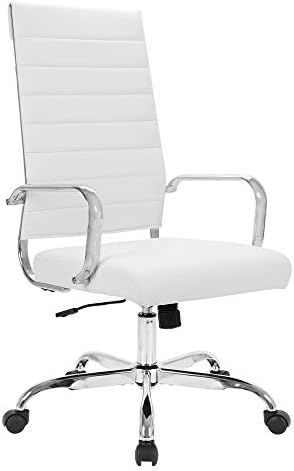 LANDSUN Home Office Chair Ribbed Leather High Back Executive Swivel Computer Desk Chairs with Wheels and Armrests Soft Padded Adjustable Height Modern Conference Chrome White