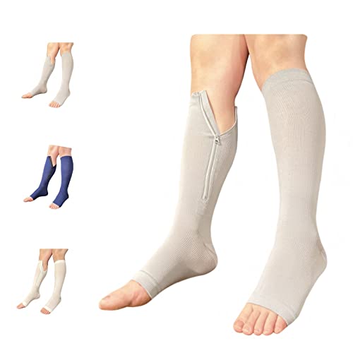 Image of Open Toe 15-20 mmHg Compression White Navy Gray Inside Leg Zipper Socks