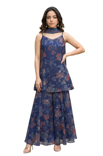 Image of W for Woman Floral Printed Chiffon Noodle Straps Straight Kurta with Sharara and Dupatta Set