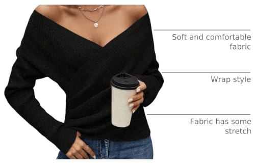 Image of SOLY HUX Women's V Neck Long Sleeve Off Shoulder Sweaters Criss Cross Wrap Ruched Pullover Fall Tops