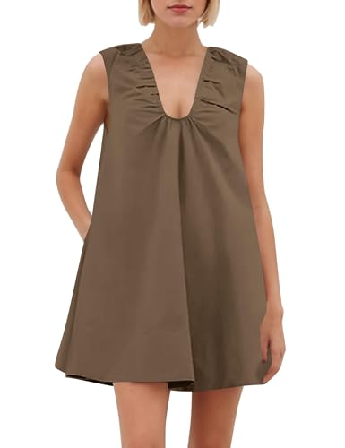 Image of OLAPTA Women Summer Sleeveless Babydoll Mini Tank Dresses Loose Fit Scoop Neck Ruched Short Dress with Pockets Party Clubwear