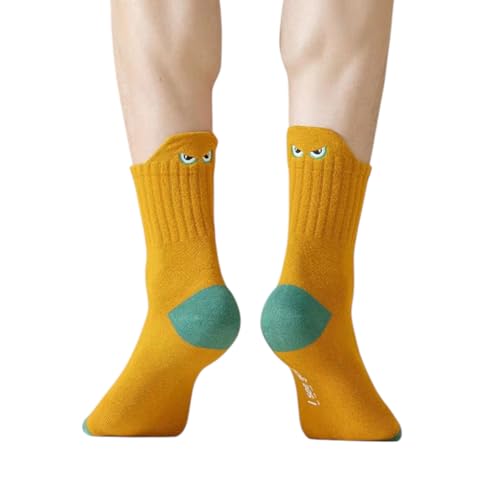 Men Athletic Crew Socks, Mustard Yellow with Turquoise Heel and Toe, Ribbed Design