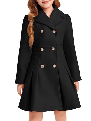 Haloumoning Girls Winter Dress Coat Button Peacoat Notch Lapel Double Breasted Outerwear with Pockets 5-14 Years, Black, 7-8 Years