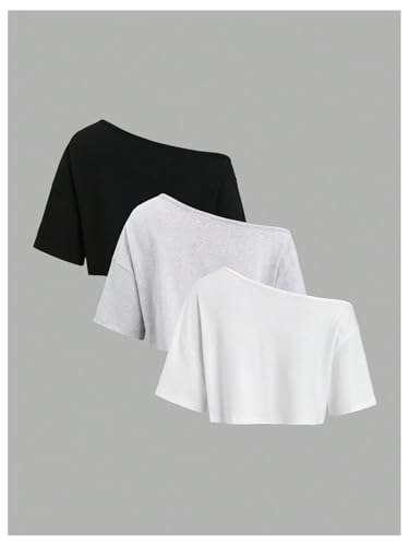 SOLY HUX Women's Off The Shoulder Short Sleeve T Shirts 3 Packs Crop Tees Summer Basic Tops2