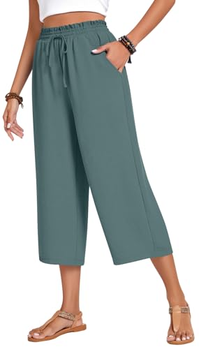 Image of Anyhold Women's Capri Pants Drawstring Casual Palazzo Trousers with Pockets Loose High Waisted Wide Leg Lounge Pants