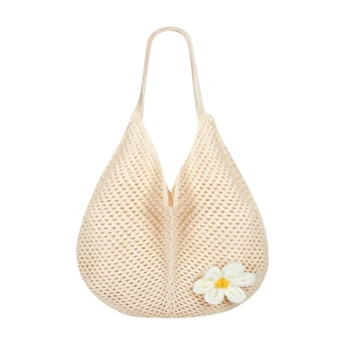 Image of PALAY Tote Bag for Woman Crochet Mesh Beach Shoulder Bags with Flower Brooch Summer Vacation Knitted Bag for Women Shoulder