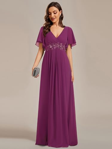Image of Ever-Pretty Womens V Neck Applique Mother of the Bride Dresses Formal Dress | Chiffon, Short Sleeves, Ruched, A-Line, Bridesmaid Dresses, Formal Gown, Black Tie Dress