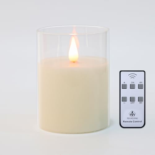 TECHLONG Glass Flameless Candles with Remote Timer, 3D Moving Flame Flickering, Last 600+ Hours Battery Candles, Real Wax LED Votive Candle for Festival Wedding Home Party Decor, 3' x 4'
