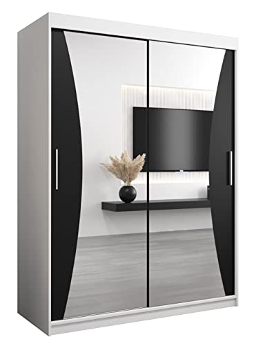 Armoire à Portes coulissantes Monaco 150 Armoire avec Tringle et étagère Armoire de Chambre à Coucher avec Miroir (Blanc Mat + Noir Mat)