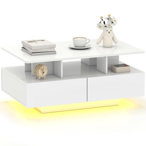 HOMCOM Mesa de Centro LED Moderna Mesa de Café Brillante con 4 Cajones Estante Abierto y Luces LED de 16 Colores para Salón 90x55x41 cm Blanco Brillo