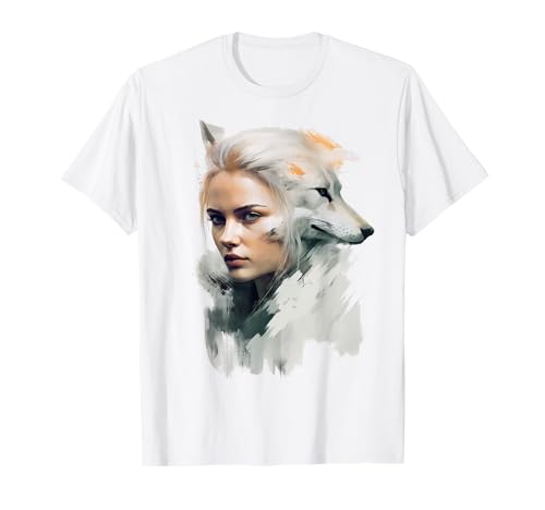 White Wolf Artwork - Woman Animal Art Motif Wolf T-Shirt
