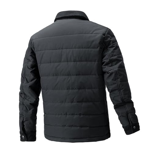 Dinnesis Gepolsterte Winter-Reißverschluss-Stehkragen-Jacke für Herren mit langen Ärmeln, verdickte Retro-Jacke. Gepolsterte Arbeitskleidungsjacke für Herren Fellkragen Herren (Black, XXL)