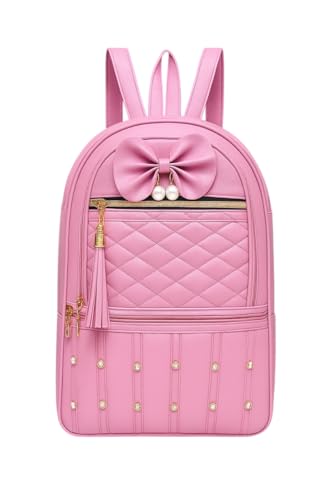 Image of Stylish PU Leather Girls Backpack with Bow & Pearl Design | Quilted School Bag for Teenagers & Women | Multi-Compartment Fashion Backpack for College, Travel & Daily Use