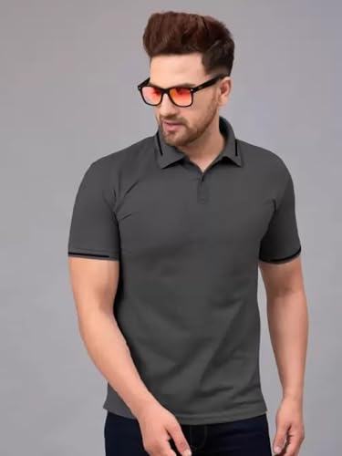 Image of Jump Cuts Mens Pique Polo Neck Half Sleeve Dark Grey Cottonblend Slim Fit T-Shirt