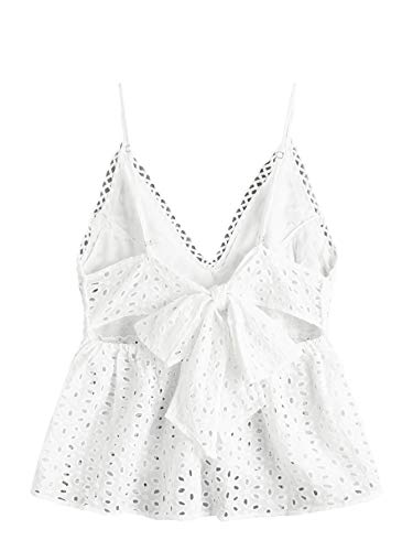 Sweatyrocks Women's Sexy Eyelet V Neck Knot Back Camisole Peplum Cami Top # White M #TOP1