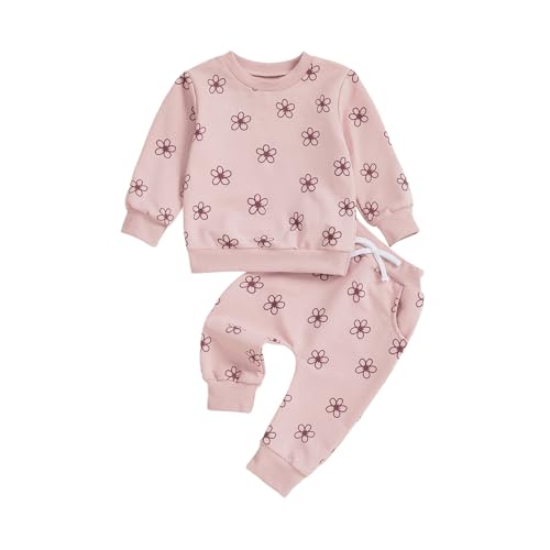 Yigubigu Toddler Baby Girls Two Pieces Outfits Flower Print Jumper Sweatshirt Elastic Waist Pants Joggers Trousers Set Fall Winter Clothes Suits (Pink, 12-18 Months)