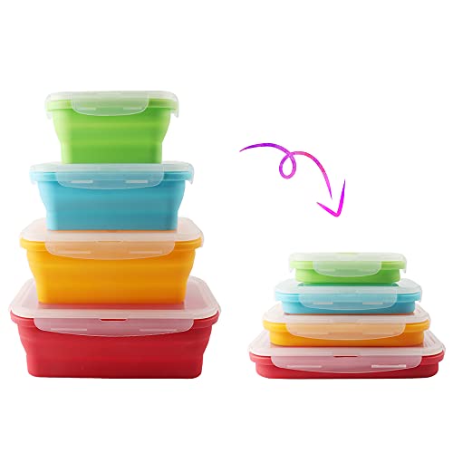 Vech Collapsible Food Storage Container, Set of 4 Silicone Leftover Meal Box for Kitchen, BPA Free Meal Prep Container Bento Lunch Boxes, Microwave Safe. Foldable Thin Bin Design Saves Your Space
