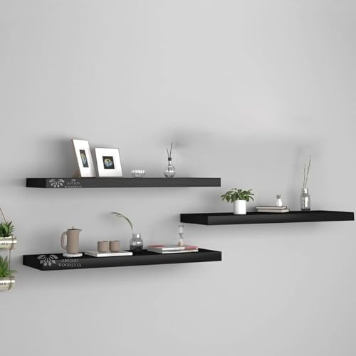 Image of Wooden Floating Wall Shelf| Wall Mount| Wall Rack| Wall Bracket for Home and Office Decor | Big Mounted Cabinets (Large, Set of 3, Black)