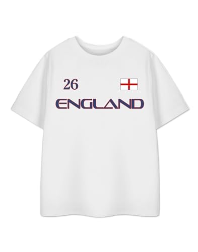 Show Me The Merch England 26 Kids White Graphic Tee | Short Sleeve Football Jersey T-Shirt | Sports Number Print Top | Football Fan T-Shirt - 11-12 Years