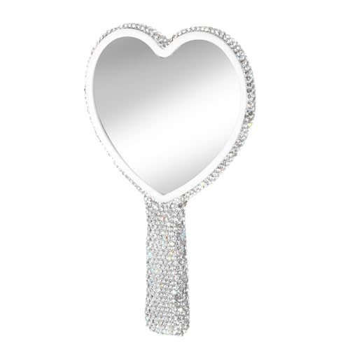 Ouligay Large Heart Handheld Mirror with Handle 6.3x4.3 Inch Glitter Rhinestone Hand Held Mirror Portable Travel Cosmetic Lash Mirror for Women Wedding Birthday Valentines Day Gift