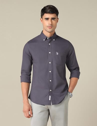 Image of U.S. Polo ASSN. Solid Tailored Fit Cotton Shirts for Men - 100% Cotton, Full Sleeve Mens Casual Shirts