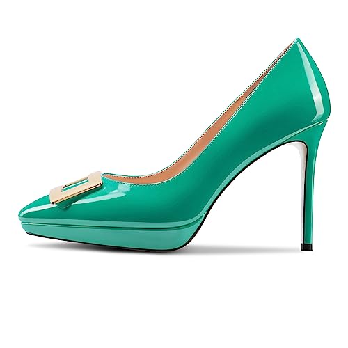 Saekcted Womens Stiletto High Platform Heel Pointed Toe Pumps Slip-on Buckle Office Basic Classic Summer Patent Leather 4.7 Inches Heels2