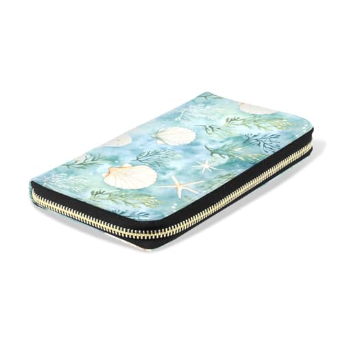 Long Wallets Leather Bifold Wallet for Women Watercolor Shells with Zipper Credit Card Holder Large Capacity4