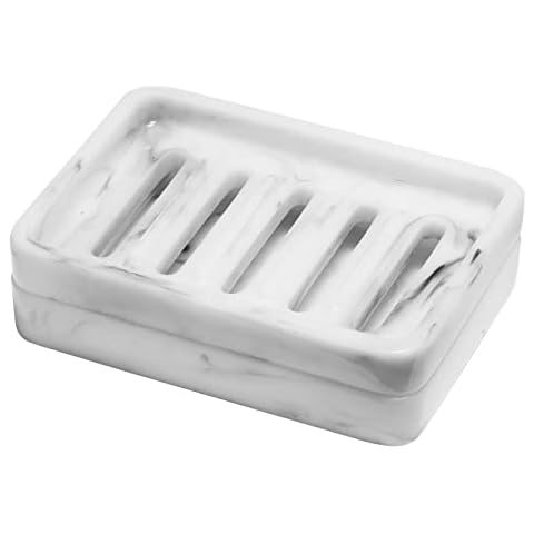 Shinowa Resin Soap Dish, Self-Draining Bar Soap Holder Tray Soap Saver with Drainable Board, Dual Layer Soap Sponge Holder for Bathroom Kitchen Shower Bathtub Sink Counter-top, Marble White Cover