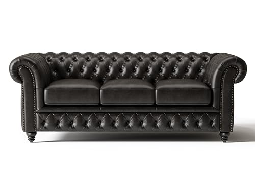 Valencia Parma Chesterfield 3 Seater Sofa 82" | Premium Leather | Mid-Century Leather Couch with Classic Button Tufted Back, Wood Legs for Living Room, Black