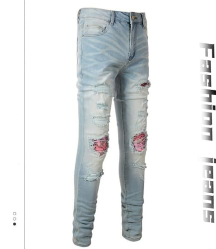 Jeans Pants Trouser Denim Men Street Trendy Light Blue Personalized Punch Washed Grinding Fading Ripped Hole Patch Slimming Casual(Light Blue,32)3