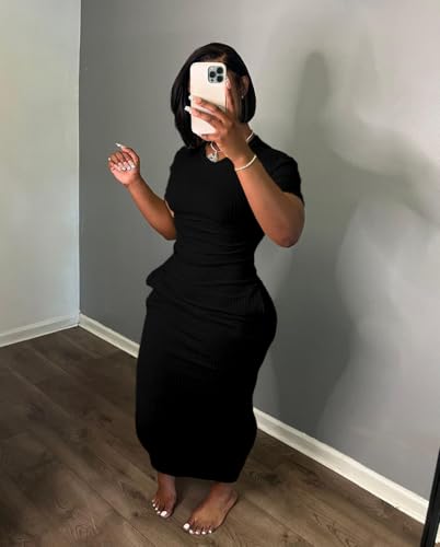 Image of Women's Casual Short Sleeve Dress T Shirt Bodycon Dresses Ribbed V Neck Maxi Sundress Basic Party Club Dress with Pocket