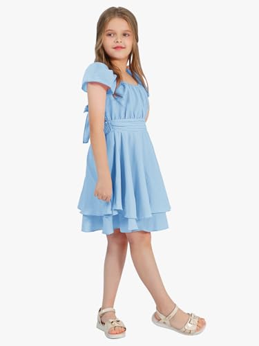 EXLURA Casual Short Cap Sleeve Girls Tie Back A Line Ruffle Hem Junior Teenage Kids Short Mini Dress Size 6-15 Years4