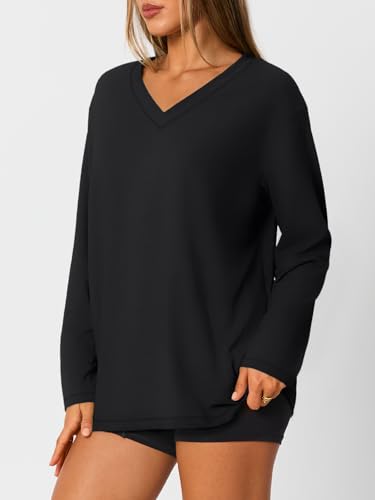 Trendy Queen Oversized Tshirts for Women Workout Plus Size Gym Tops V Neck Long Sleeve T Shirts Spring Casual Basic Tees3